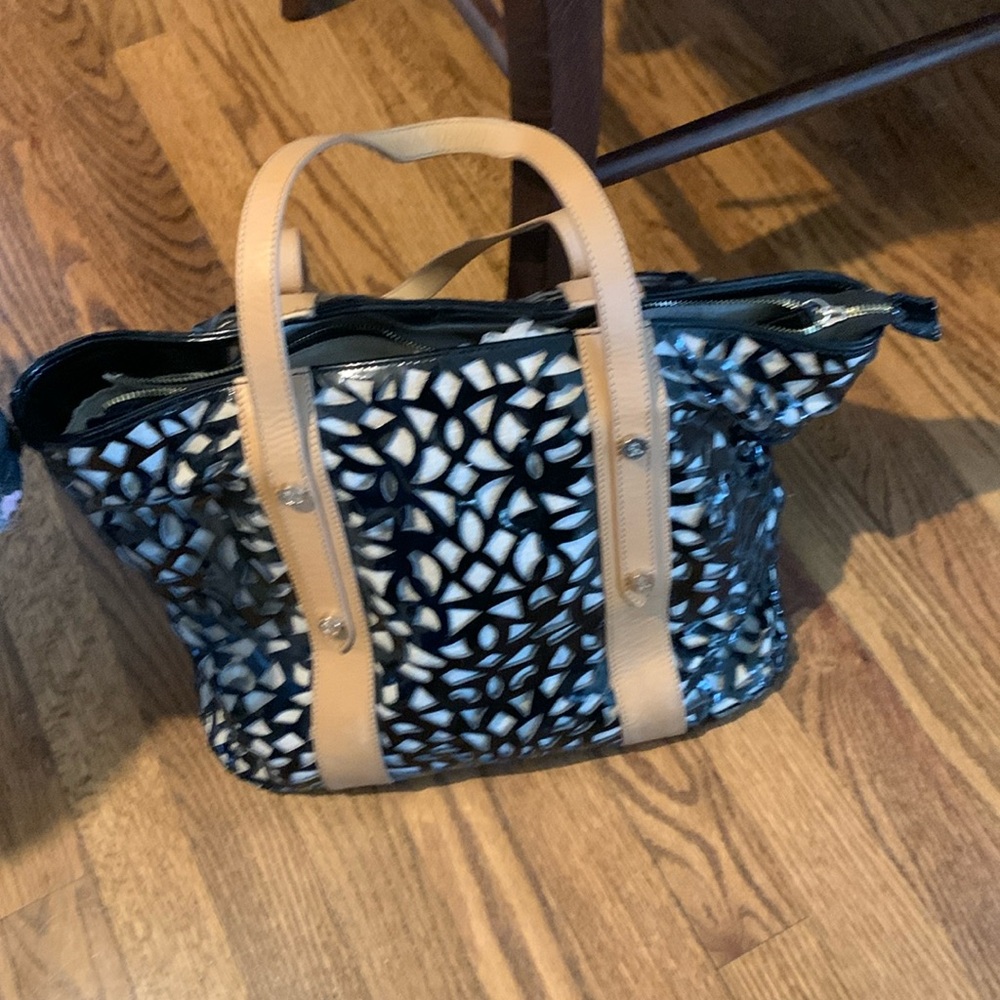 Sondra Roberts Black die cut Patent Leather Tote Bag